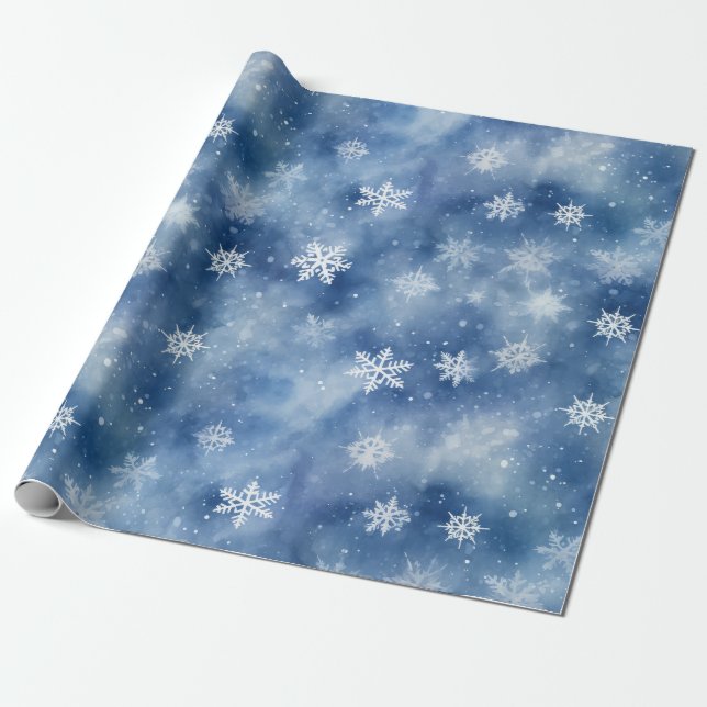 Christmas Snowflakes Blue Sky Wrapping Paper (Unrolled)