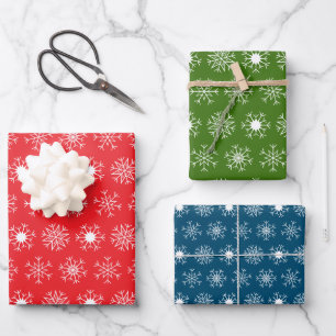 Christmas Snowflakes, Classic Red Green Blue White Wrapping Paper Sheet