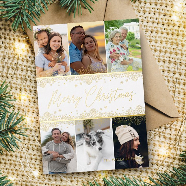Christmas Snowflakes Fancy Modern Collage 6 Photos Foil Holiday Card (Creator Uploaded)