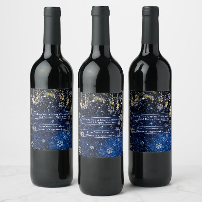 Christmas Snowflakes Gold Stars Sparkle Navy Blue Wine Label (Bottles)