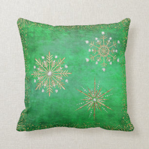 Christmas Snowflakes Green & Gold Glitter Cushion