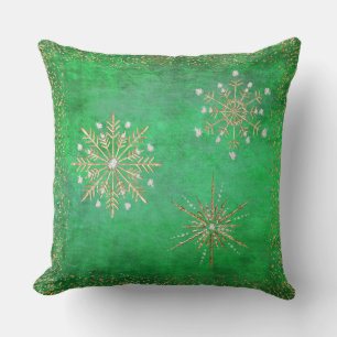 Christmas Snowflakes Green & Gold Glitter Cushion