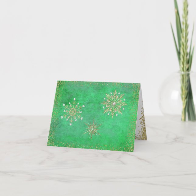 Christmas Snowflakes Green & Gold Holiday Card (Front)
