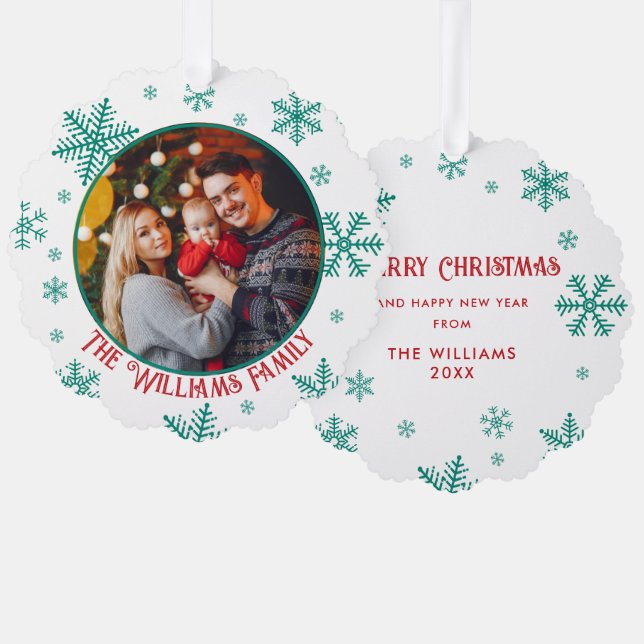 Christmas Snowflakes Green Red Photo Tree Decoration Card (Front/Back)
