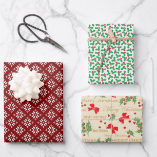 Christmas Snowflakes, Holly Berries and Bows Wrapping Paper Sheet