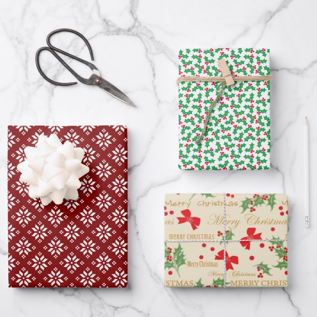 Christmas Snowflakes, Holly Berries and Bows Wrapping Paper Sheet (Front)
