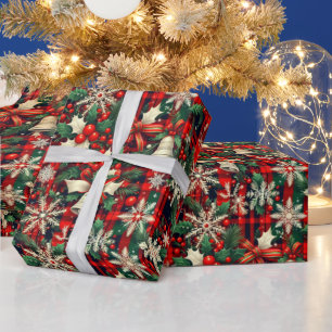 Christmas Snowflakes Holly Over Red Tartan Pattern Wrapping Paper