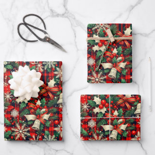 Christmas Snowflakes Holly Over Red Tartan Pattern Wrapping Paper Sheet