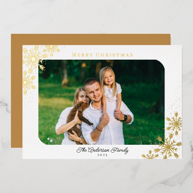Christmas Snowflakes Horizontal Photo Gold Foil Holiday Card (Front/Back)
