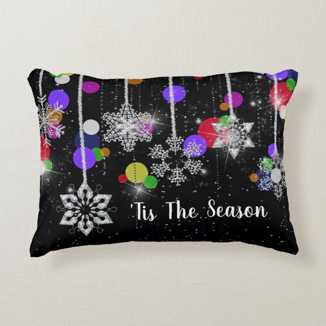 Christmas Snowflakes On Black Decorative Cushion (Front)