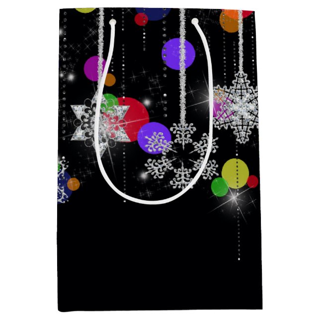 Christmas Snowflakes On Black Medium Gift Bag (Front)