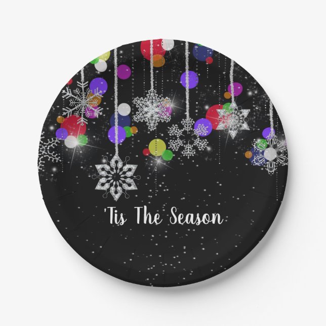 Christmas Snowflakes On Black Paper Plate (Front)