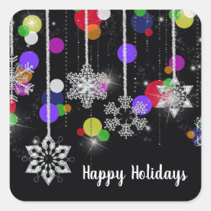 Christmas Snowflakes On Black  Square Sticker