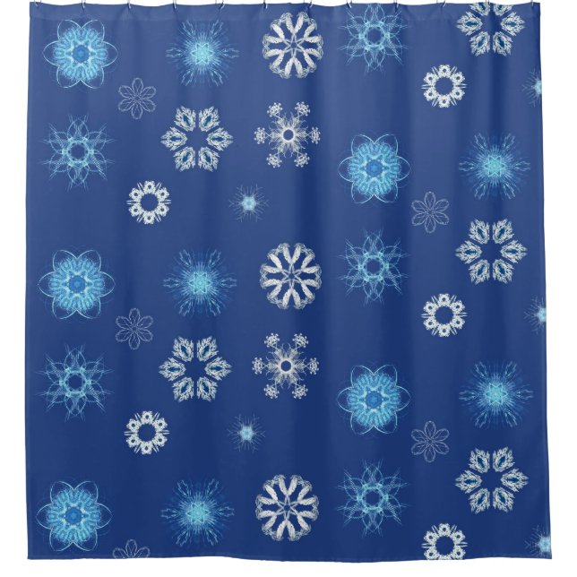 Christmas snowflakes on blue shower curtain (Front)