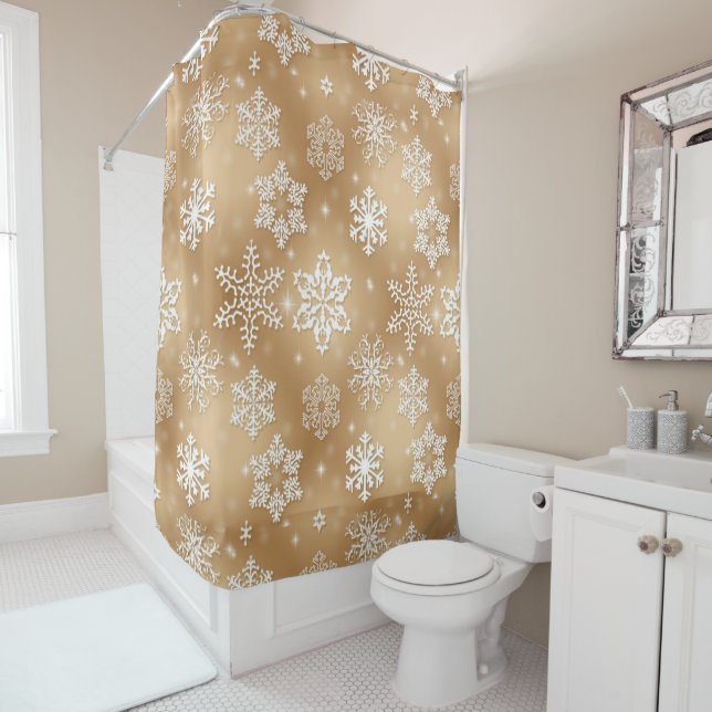 Christmas Snowflakes On Gold Shower Curtain (In Situ)