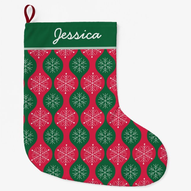 Christmas Snowflakes on Green Red Ogee Custom  Large Christmas Stocking (Front)