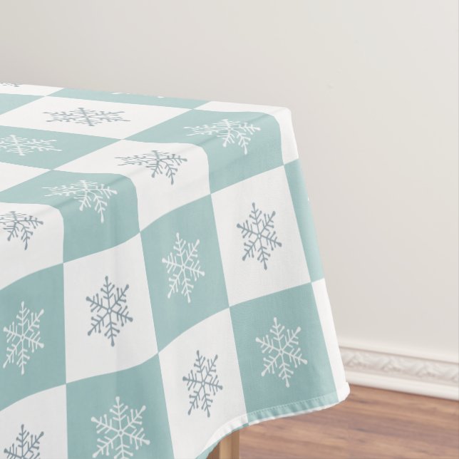 Christmas Snowflakes on Mystery Light Blue & White Tablecloth (In Situ)