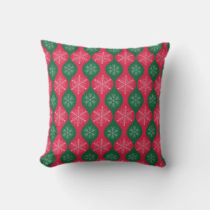 Christmas Snowflakes on Vintage Green Red Ogee Cushion