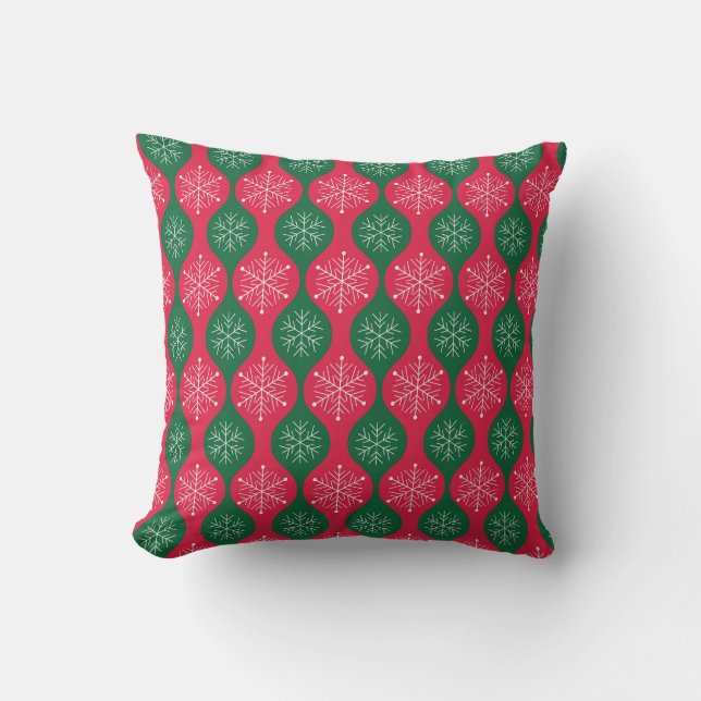 Christmas Snowflakes on Vintage Green Red Ogee Cushion (Front)