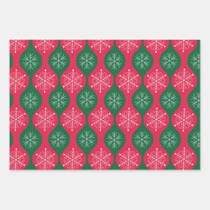 Christmas Snowflakes on Vintage Green Red Ogee Wrapping Paper Sheet