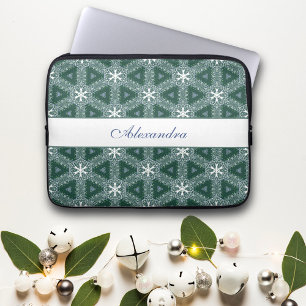 Christmas Snowflakes Pattern Personalised Green Laptop Sleeve