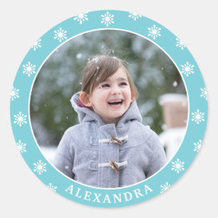 Christmas Snowflakes Photo Name Blue Classic Round Sticker