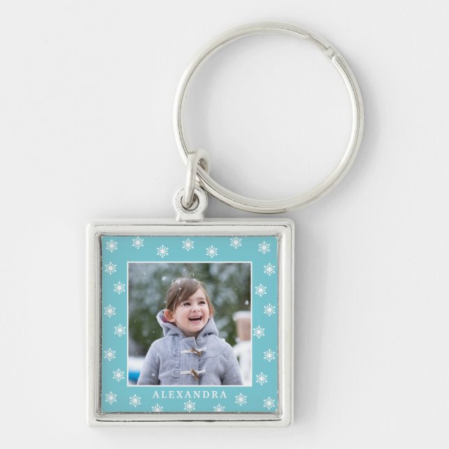 Christmas Snowflakes Photo Name Blue Key Ring (Front)