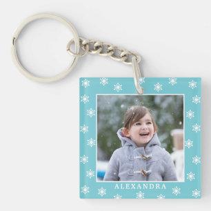 Christmas Snowflakes Photo Name Blue Key Ring