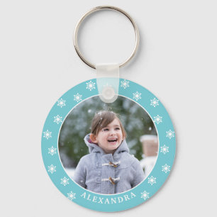 Christmas Snowflakes Photo Name Blue Key Ring