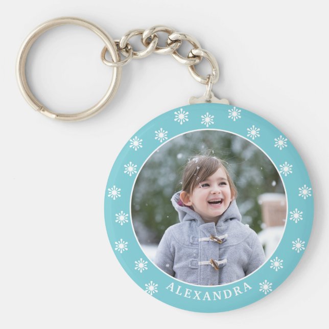 Christmas Snowflakes Photo Name Blue Key Ring (Front)