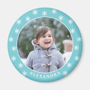 Christmas Snowflakes Photo Name Blue Magnet