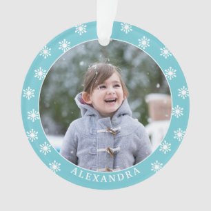 Christmas Snowflakes Photo Name Blue Ornament