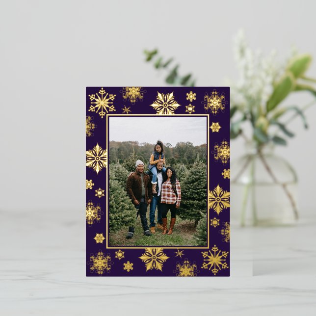 Christmas Snowflakes Photo | Purple Foil Holiday Postcard (Standing Front)
