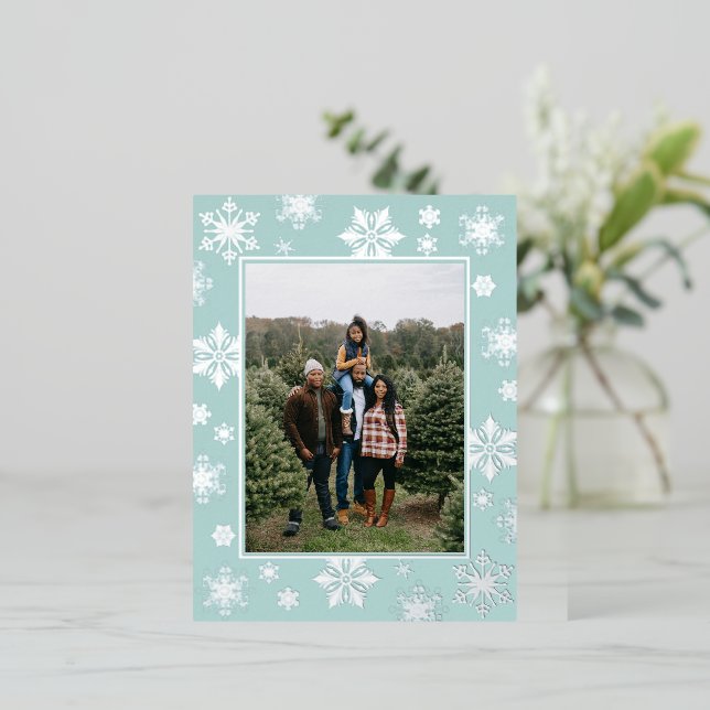 Christmas Snowflakes Photo | Teal Foil Holiday Postcard (Standing Front)