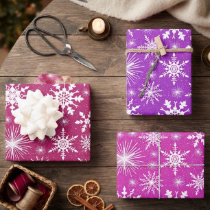 Christmas Snowflakes Pink And Purple Wrapping Paper Sheet