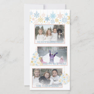 Christmas Snowflakes Pink Blue Gold Collage PHOTO Holiday Card