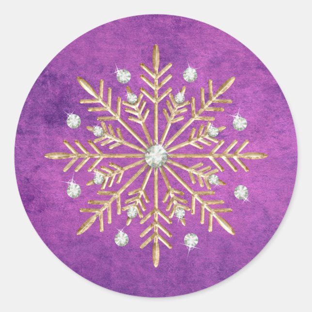 Christmas Snowflakes Purple & Gold Classic Round Sticker (Front)
