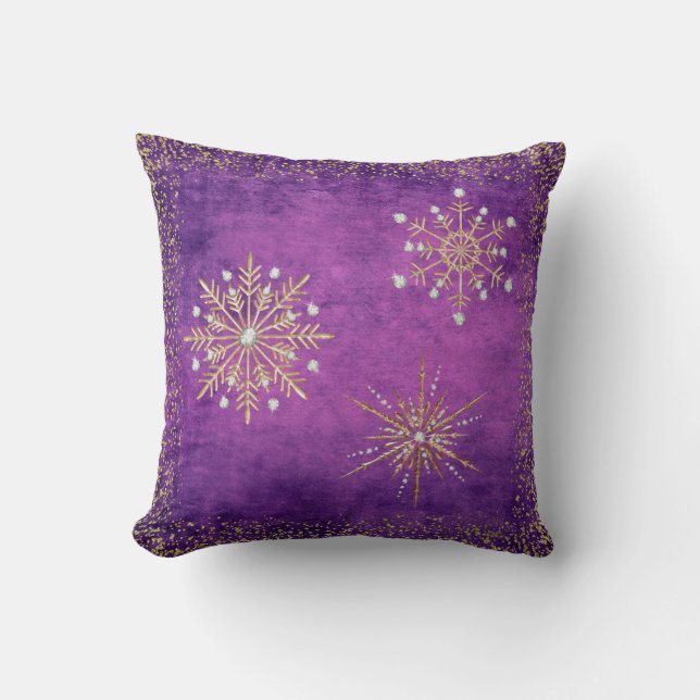 Christmas Snowflakes Purple & Gold Glitter Cushion (Front)