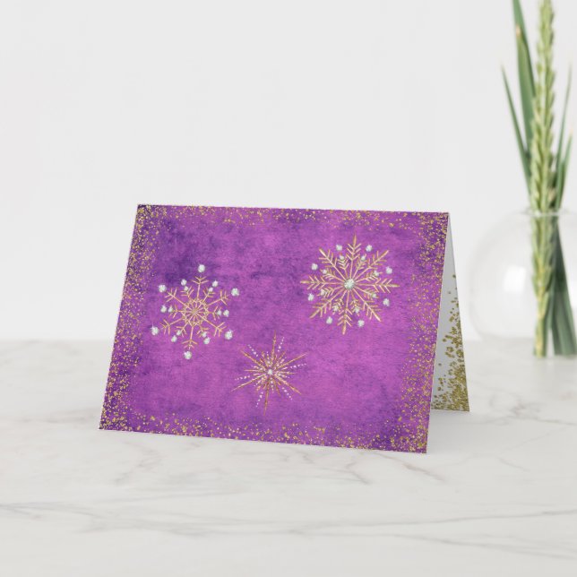 Christmas Snowflakes Purple & Gold Holiday Card (Front)