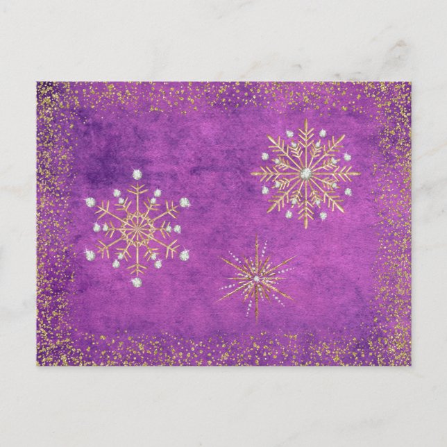Christmas Snowflakes Purple & Gold Holiday Postcard (Front)