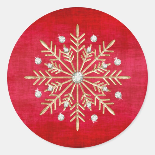 Christmas Snowflakes Red & Gold Classic Round Sticker (Front)