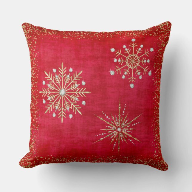 Christmas Snowflakes Red & Gold Glitter Cushion (Front)