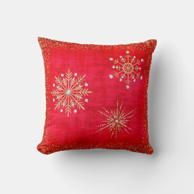 Christmas Snowflakes Red & Gold Glitter Cushion (Front)