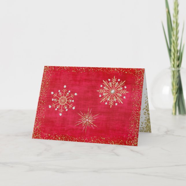 Christmas Snowflakes Red & Gold Holiday Card (Front)