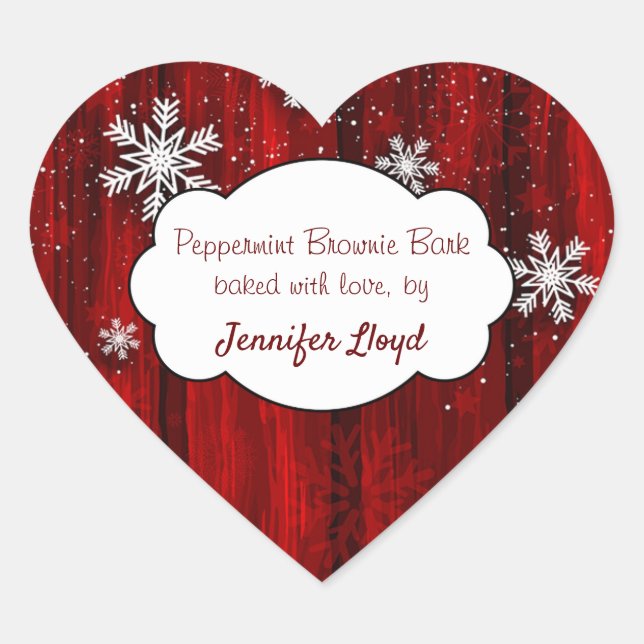 Christmas Snowflakes Red Rustic Wood Heart Sticker (Front)