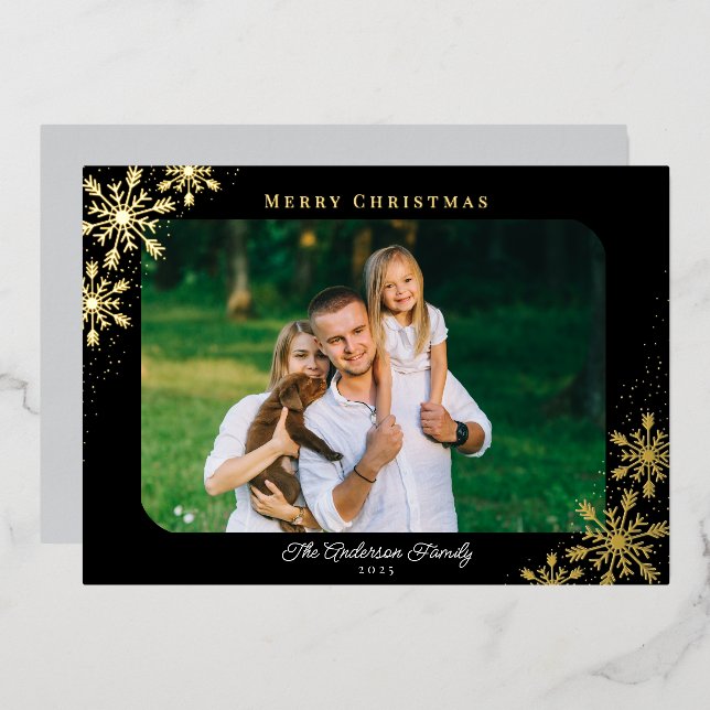 Christmas Snowflakes Rounded Corner Photo Gold Foi Foil Holiday Card (Front/Back)