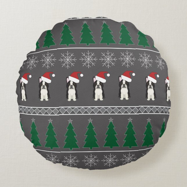 Christmas Snowflakes, Santa Dog, Tree Round Cushion (Front)