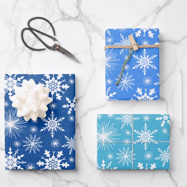 Christmas Snowflakes Shades Of Blue Wrapping Paper Sheet (Front)