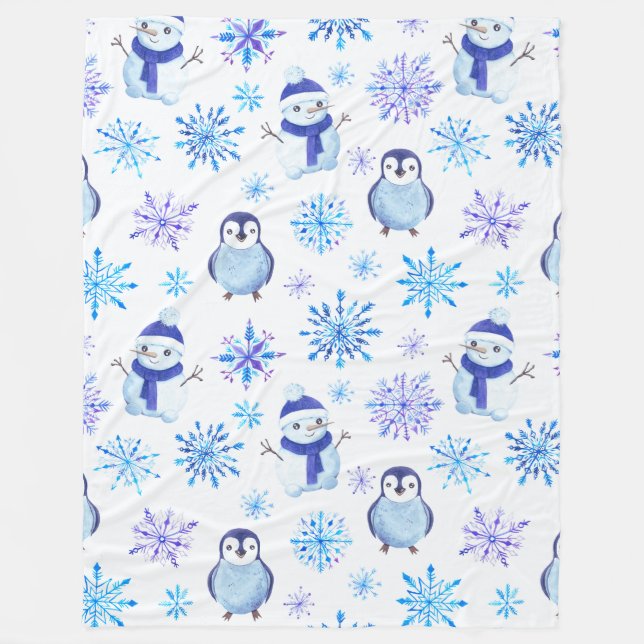 Christmas Snowflakes, Snowmen and Penguins Fleece Blanket (Front)