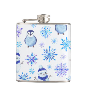 Christmas Snowflakes, Snowmen and Penguins Hip Flask